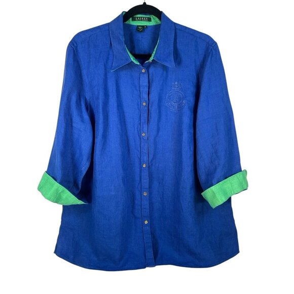 Ralph Lauren Women 100% Linen Shirt Gold Buttons Contrast Sleeve Crown Crest 2XL - Picture 1 of 7